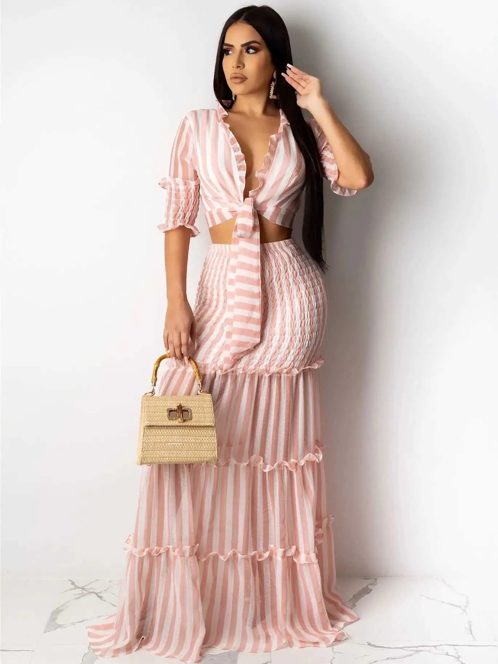 Womenâs Pink Striped Maxi Skirt - Stylish Summer Skirt